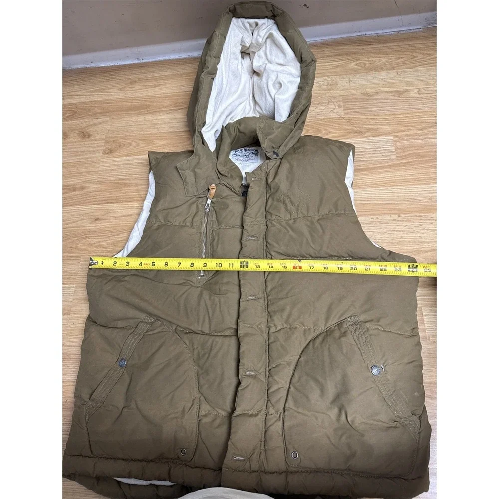 True Religion Hooded Puffer Vest Mens 2XL Quilted Dark‎ Kaki Full Zip